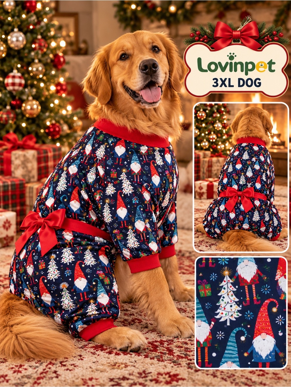 NWT - 3XL -LovinPet Christmas Gnome Dog Pajamas Onesie – Holiday Pet PJs 🎄